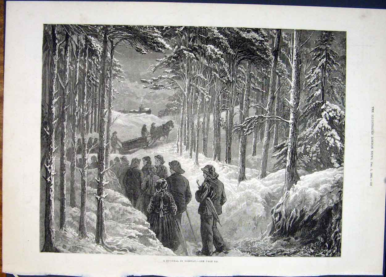 Original Old Antique Print Funeral Norway 1881 19th Century