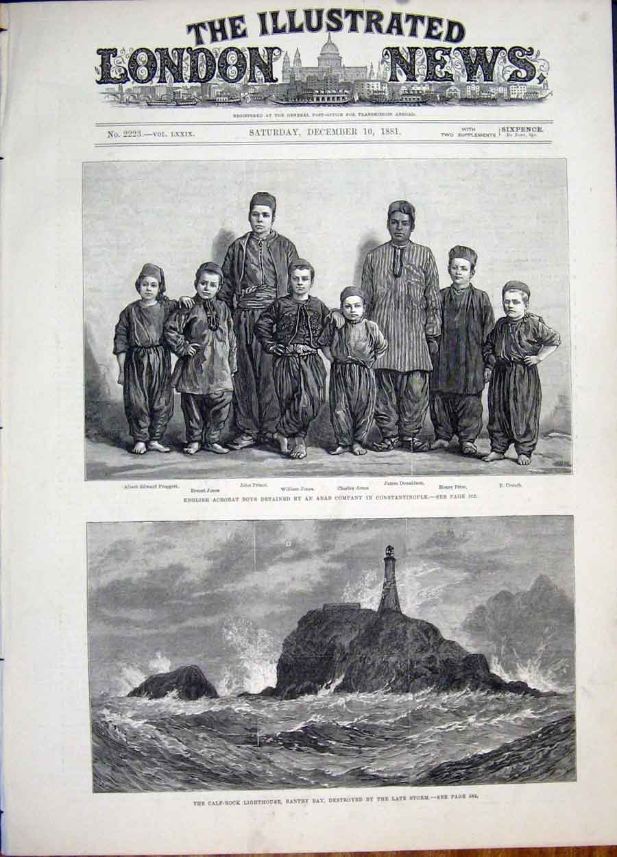 Original Old Antique Print Acrobat Boys Arab Constaninople Bantry Bay Lighthouse