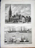 Original Old Antique Print Rochdale Lancashire Yedo Bay Bacchante Pegasus Hms