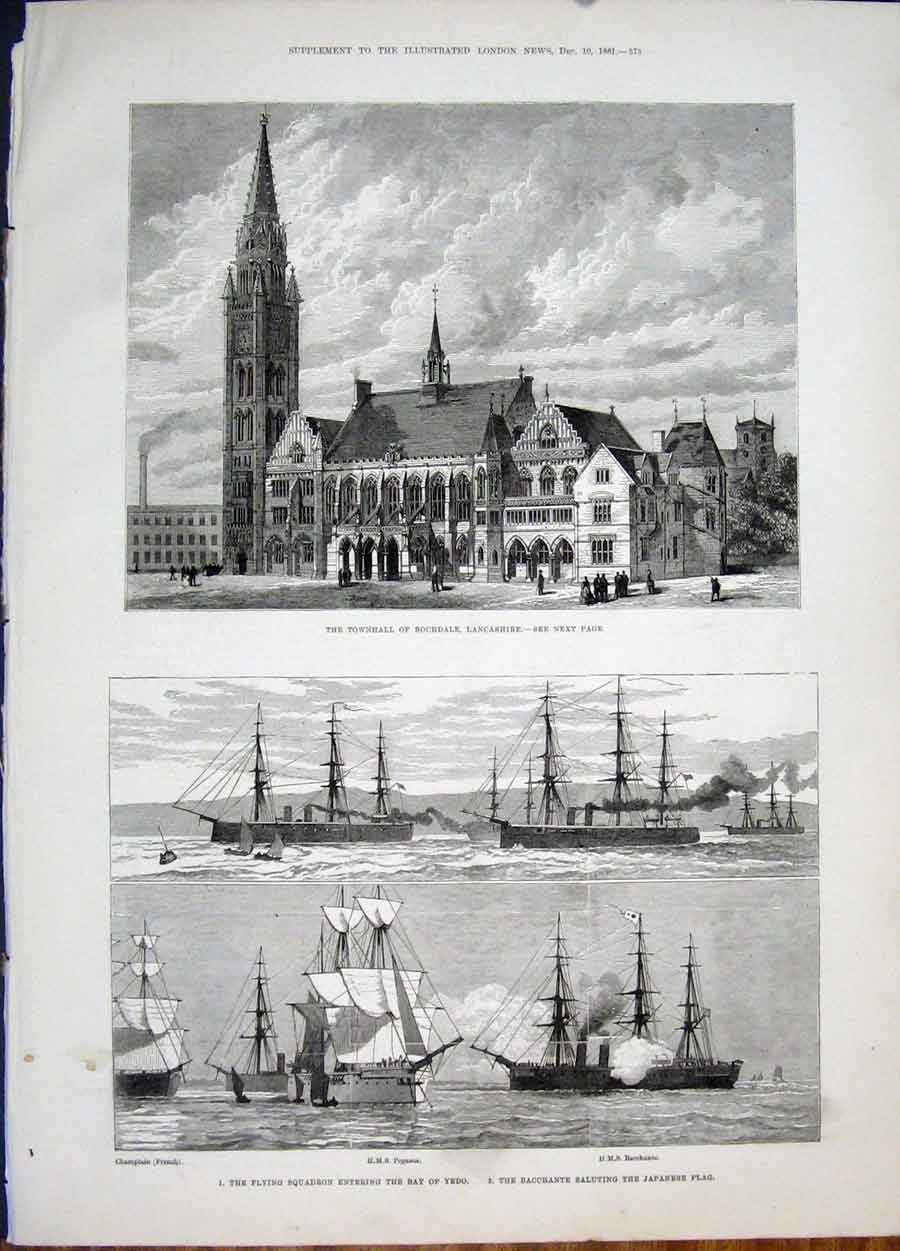 Original Old Antique Print Rochdale Lancashire Yedo Bay Bacchante Pegasus Hms