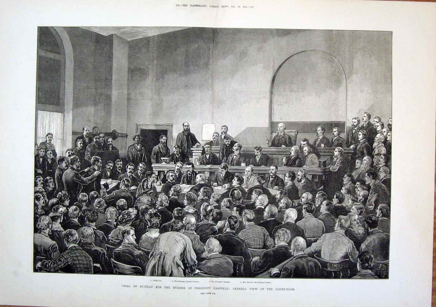 Original Old Antique Print Guiteaupresident Garfield Court Room Murder Cox 1881