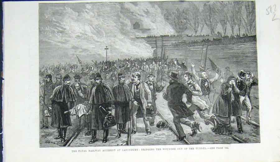 Original Old Antique Print Railway Accident Cononbury London Finsbury Park 1881