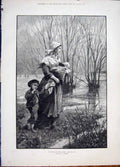 Original Old Antique Print Rising Waters Emslie Baby Child Mother Fine Art 1881
