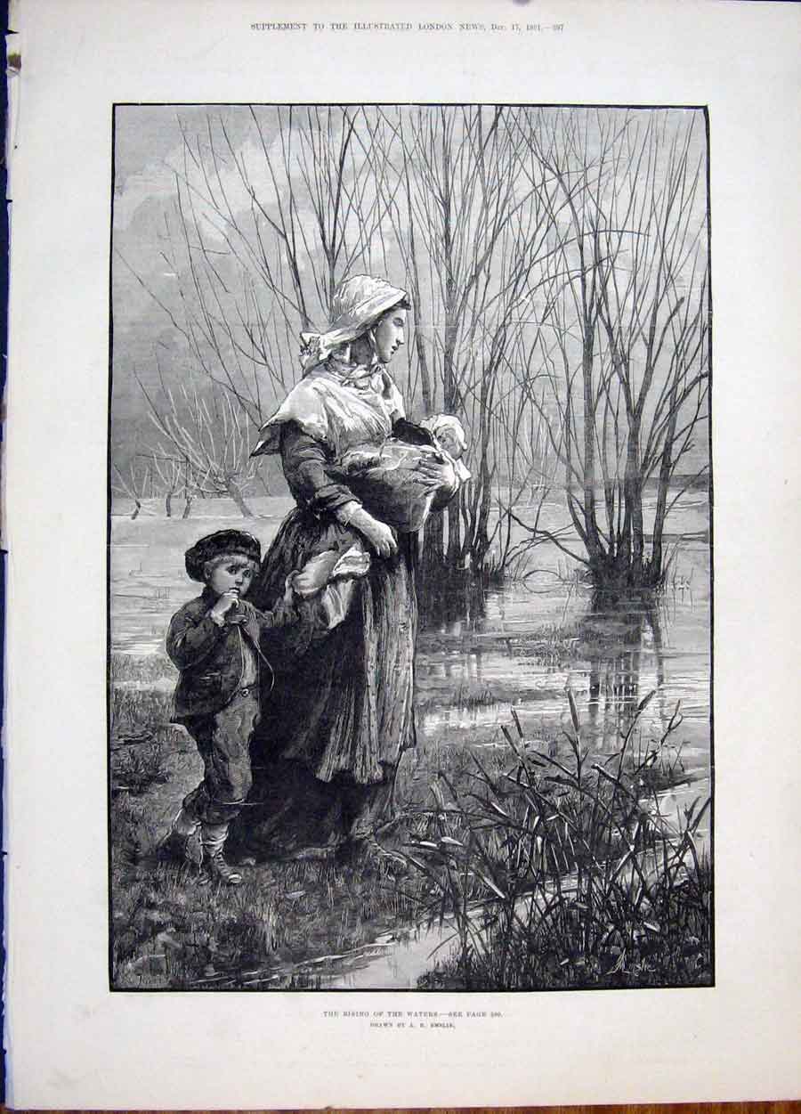 Original Old Antique Print Rising Waters Emslie Baby Child Mother Fine Art 1881