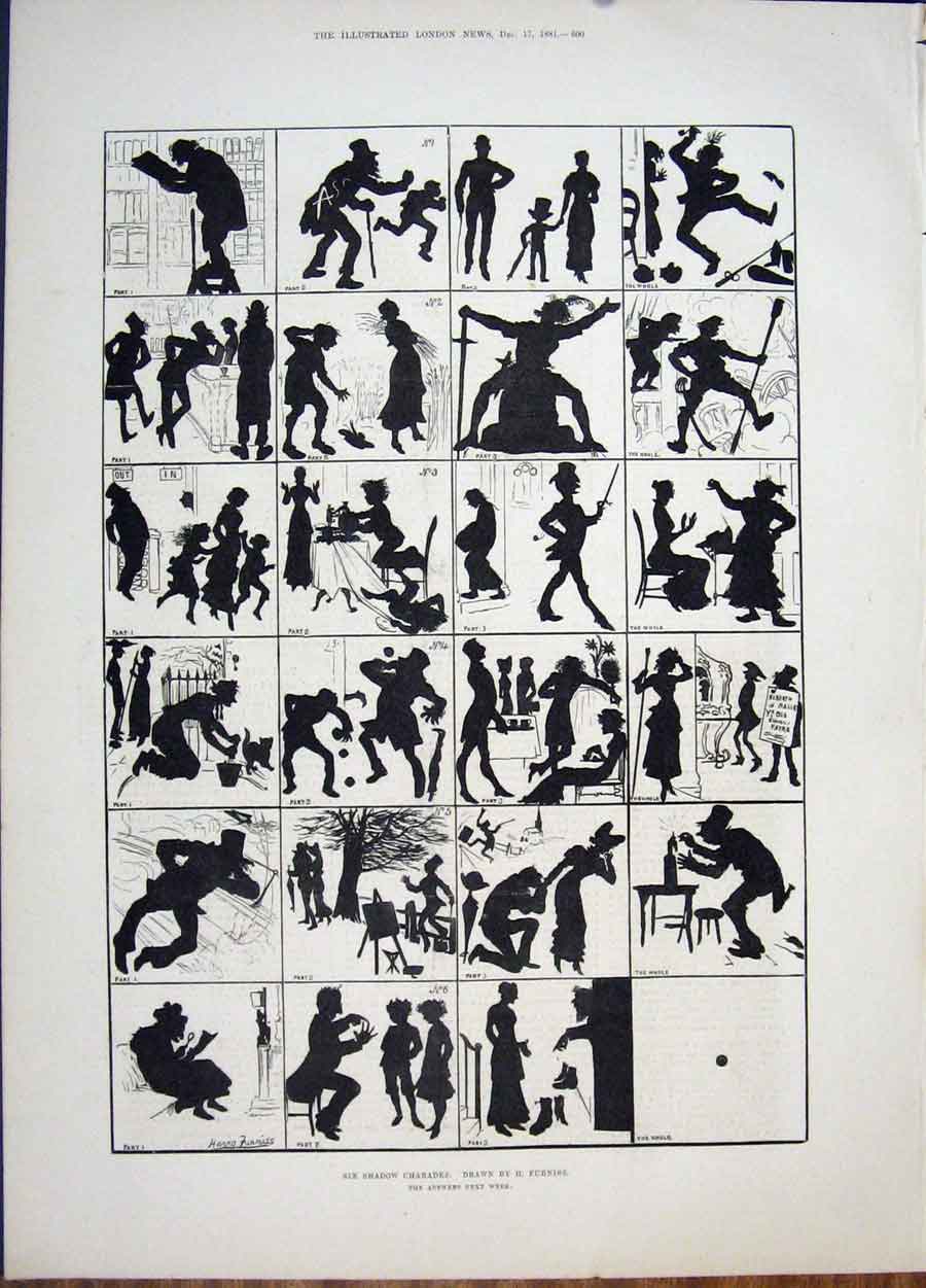 Original Old Antique Print Shadow Charades Furniss Fine Art 1881 19th