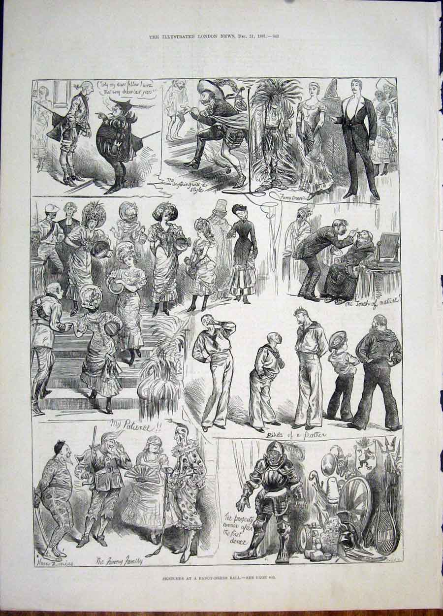 Original Old Antique Print Sktech Fancy Dress Ball Furniss Dance 1881 Victorian