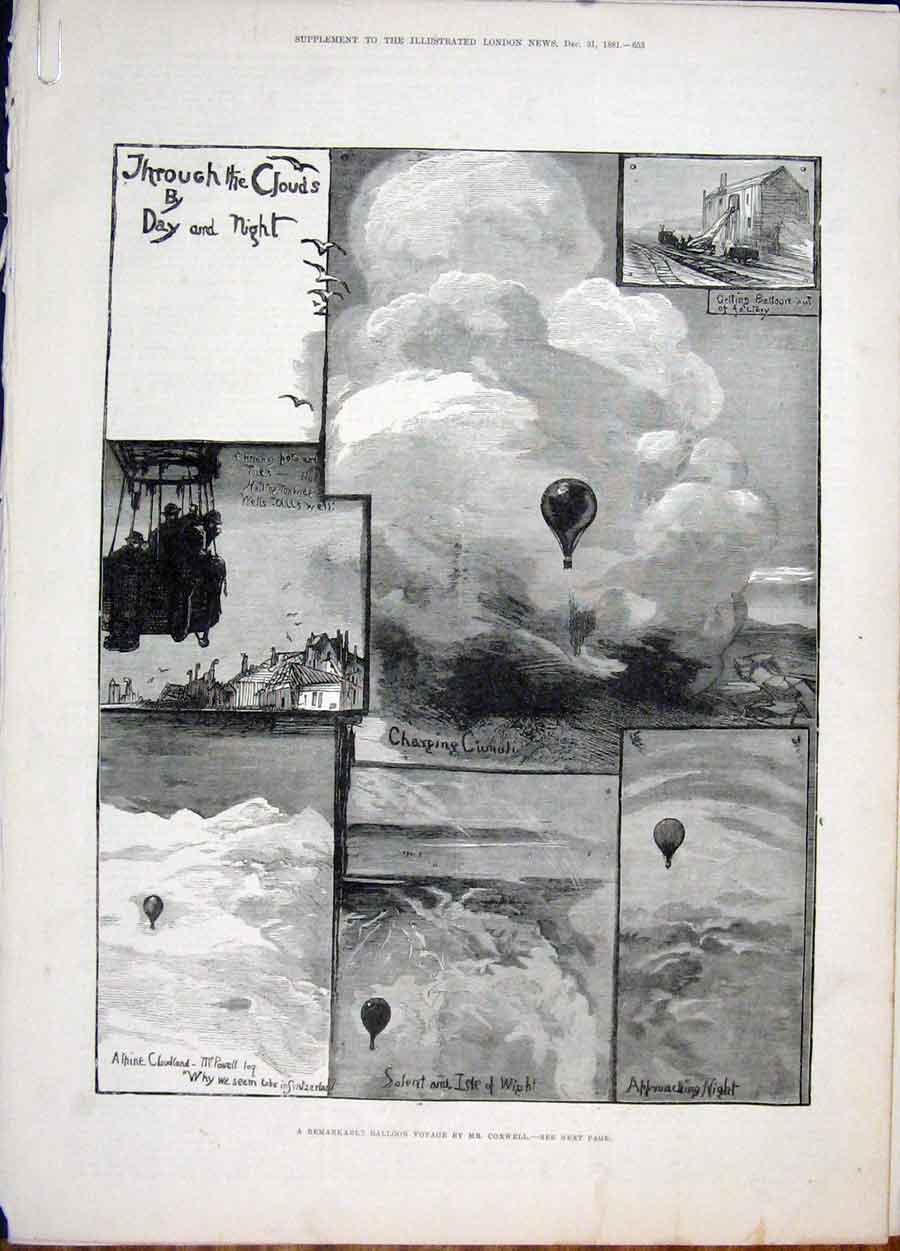 Original Old Antique Print Balloon Coxwell Powell Clouds 1881 19th