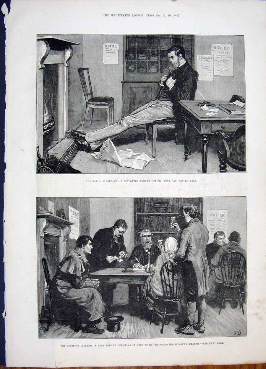 Original Old Antique Print Ireland Boycott Rent Drink Agent 1881 19th