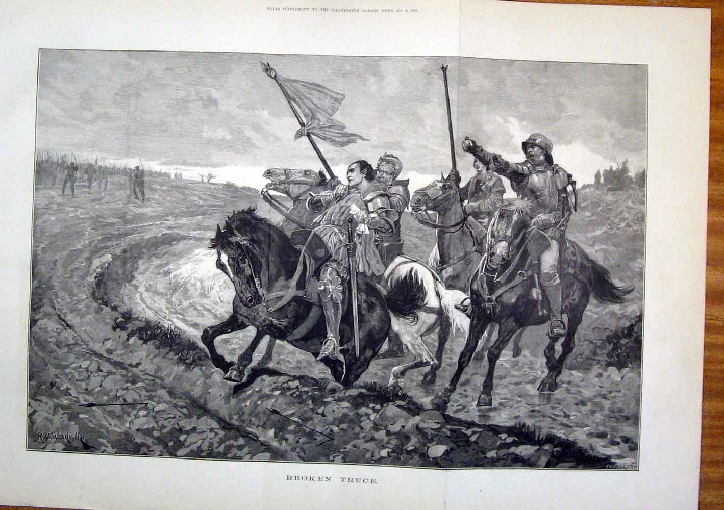Original Old Antique Print Broken Truce War Horses Fine Art 1881 19th