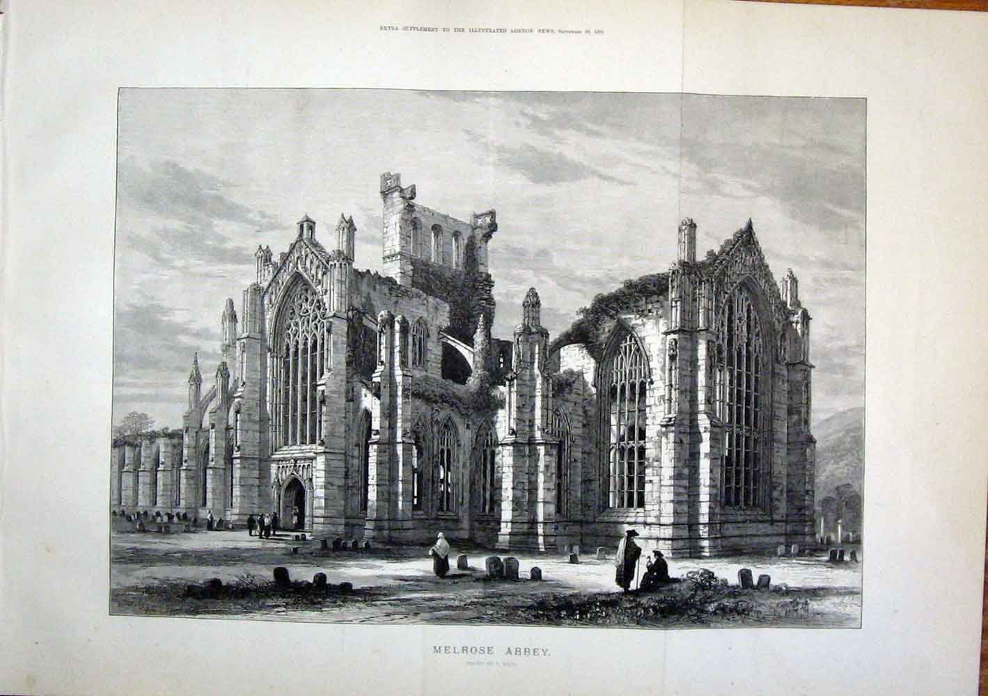 Original Old Antique Print Melrose Abbey Read England Fine Art 1881 Victorian