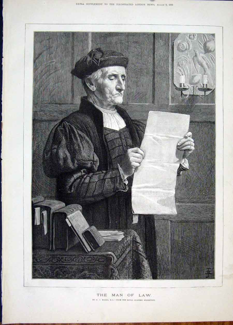 Original Old Antique Print Marks Man Law Royal Academy Exhibition Fine Art 1881