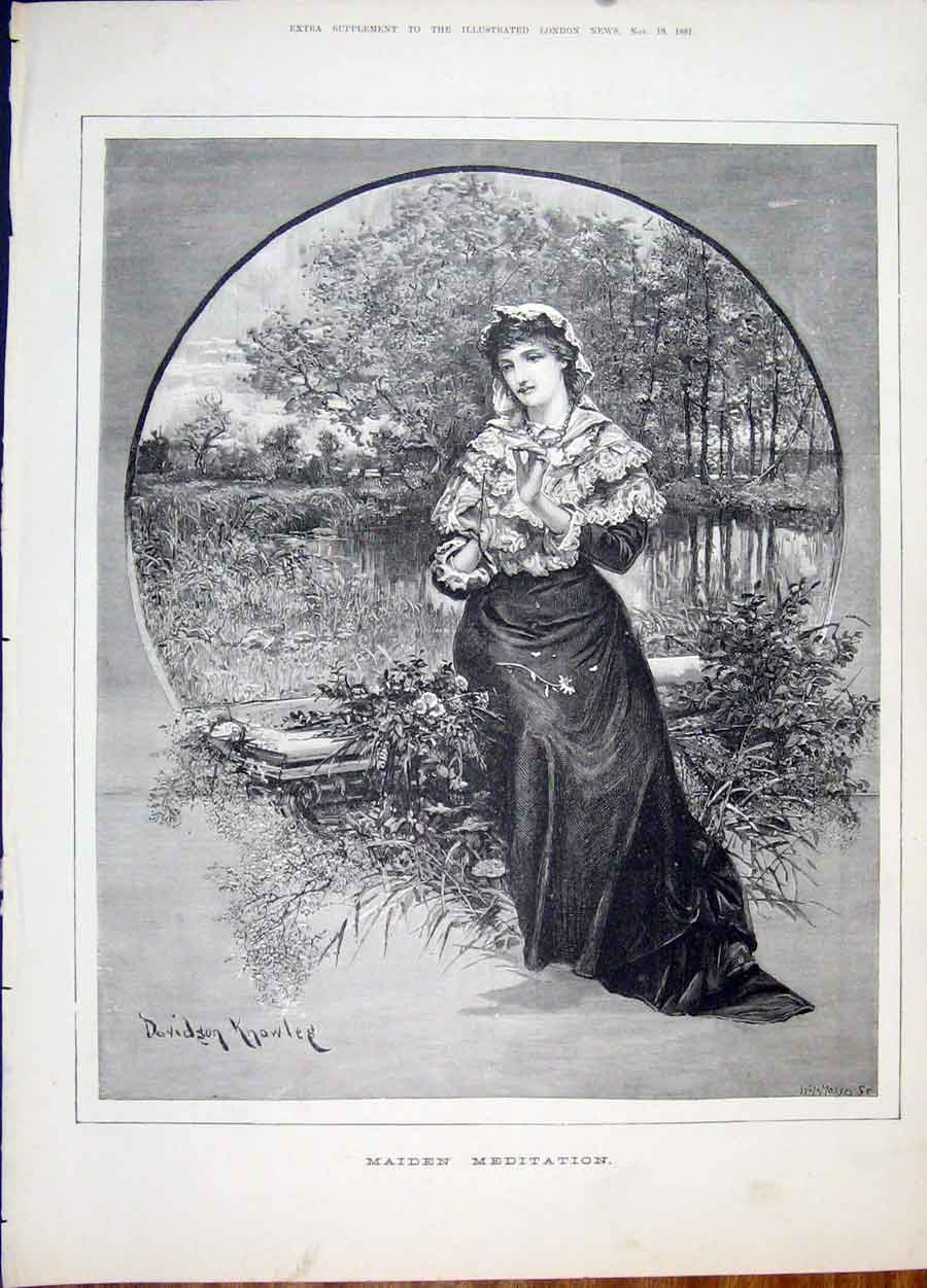 Original Old Antique Print Maiden Meditation Knowles Garden Fine Art 1881 19th
