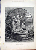 Original Old Antique Print Happy Days Knowles Girls River Boat Fine Art 1881