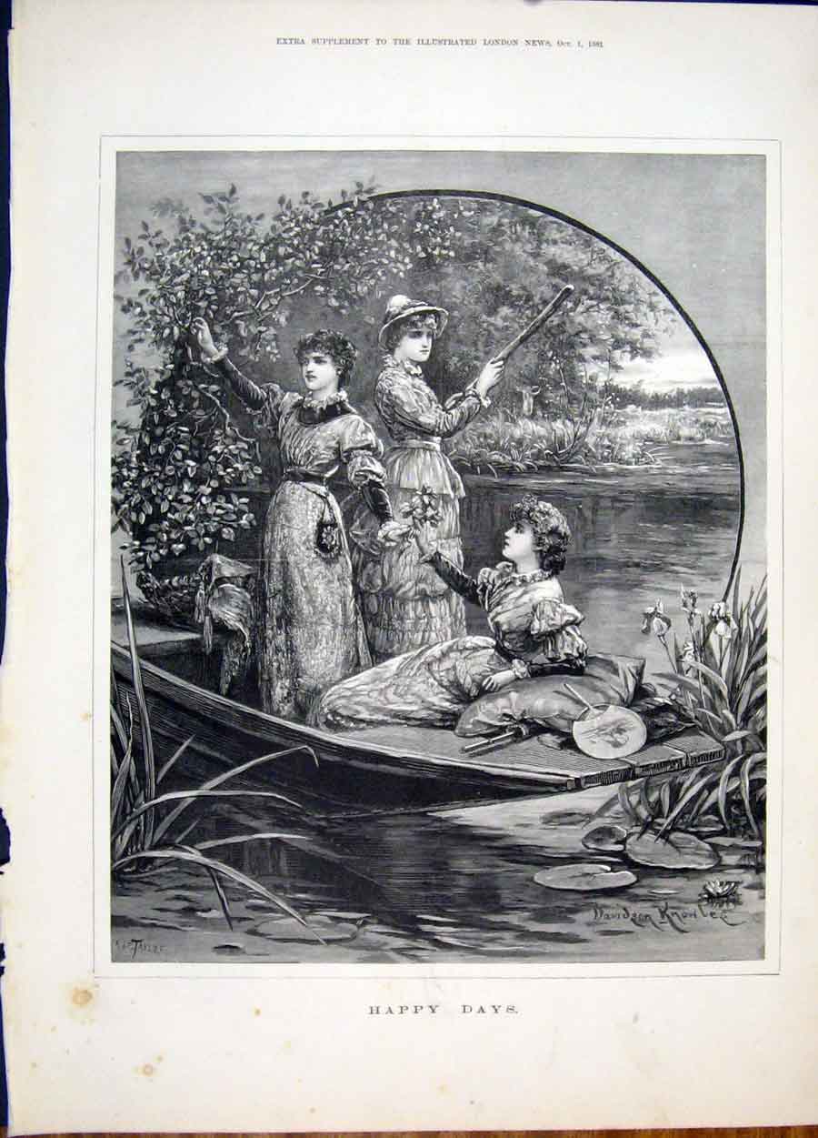 Original Old Antique Print Happy Days Knowles Girls River Boat Fine Art 1881