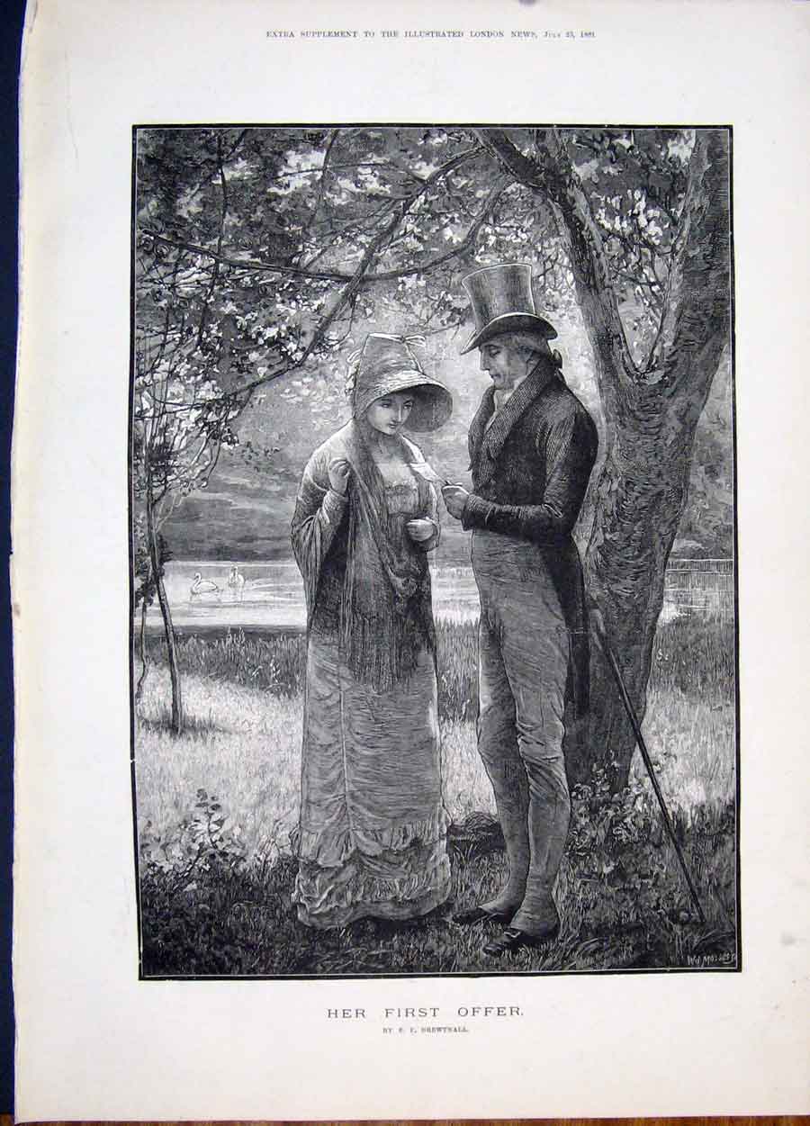 Original Old Antique Print Brewtnall First Offer Proposal Fine Art 1881 19th