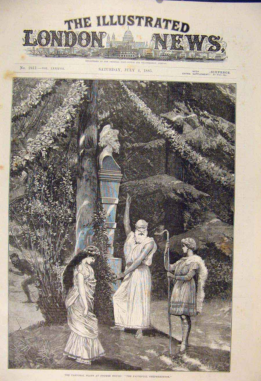 Original Old Antique Print Coombe House Shepherdesse Pastorial Play Theatre 1885