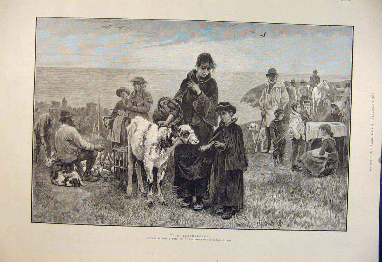 Original Old Antique Print Fatherless Reid Royal Academy Fine Art 1885 Victorian