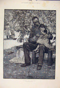 Original Old Antique Print Shadow Sunlight Man Child Gunning King Orchard Park