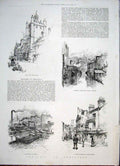 Old Antique Print Sketches Sheffield Corn Exchange Bridge Foundry Castle