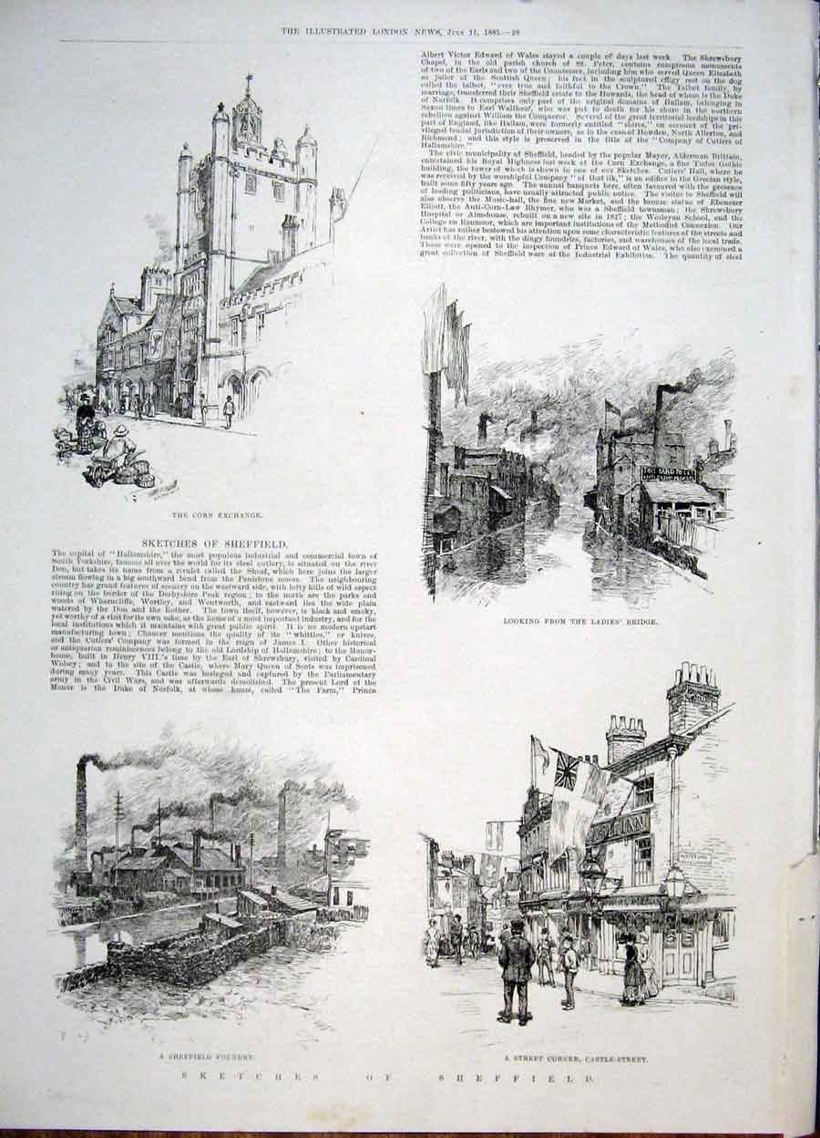 Old Antique Print Sketches Sheffield Corn Exchange Bridge Foundry Castle
