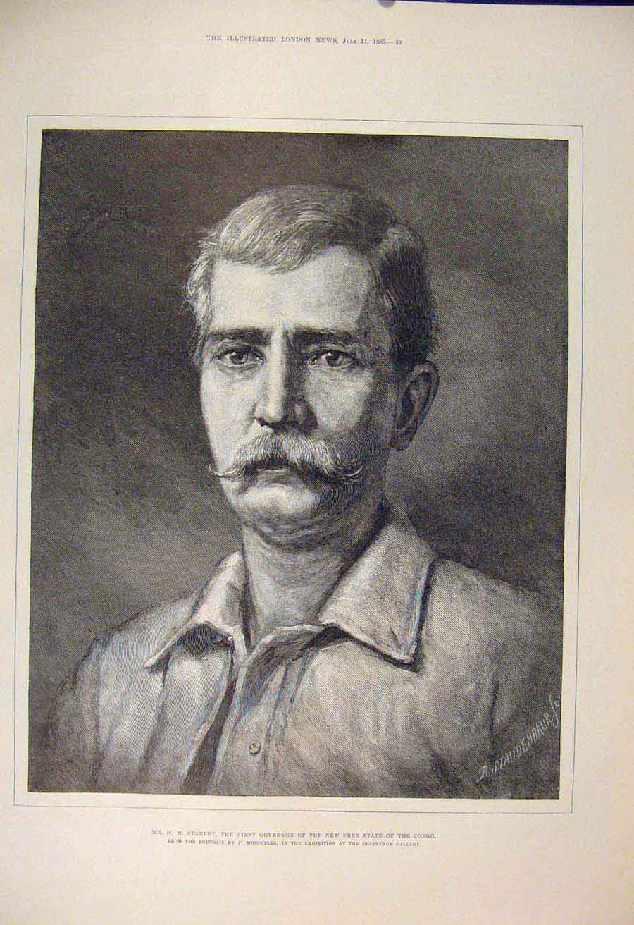 Original Old Antique Print Stanley Congo Africa Moscheles Governor 1885 19th