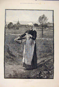 Original Old Antique Print Jack Home Rainey Lady Farm Field Fine Art 1885 19th