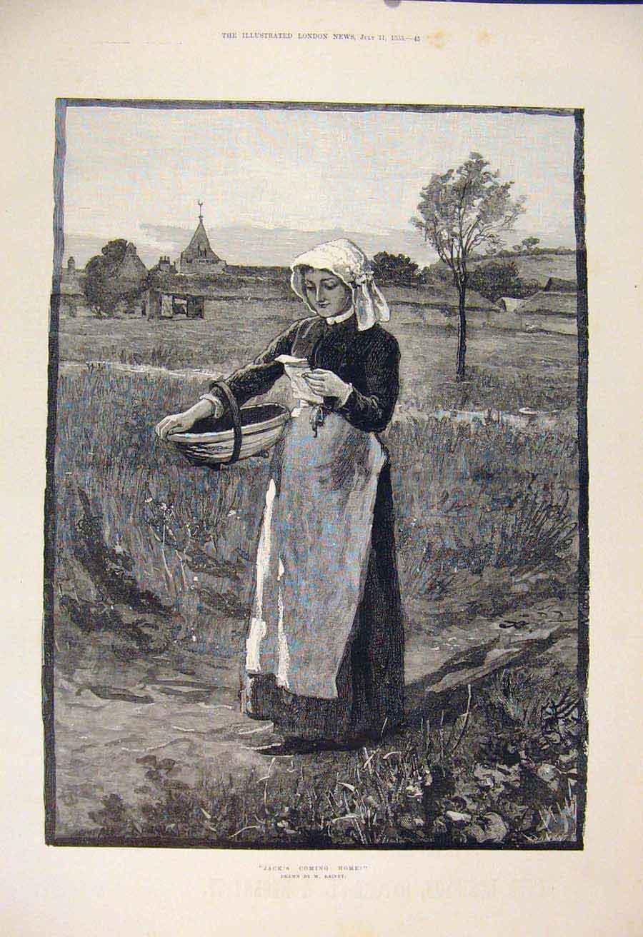 Original Old Antique Print Jack Home Rainey Lady Farm Field Fine Art 1885 19th