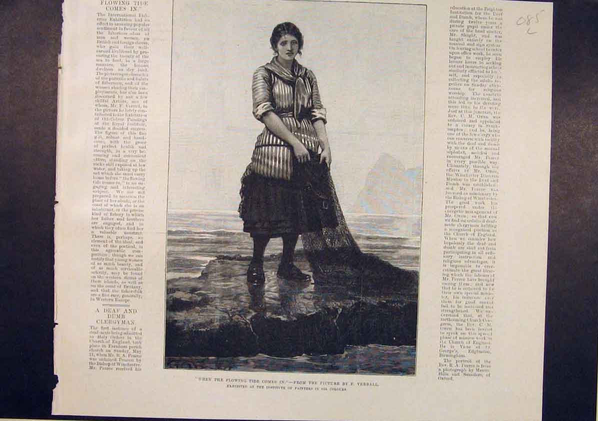 Original Old Antique Print Tide Lady Fishwoman Fishing Verrall Fine Art 1885
