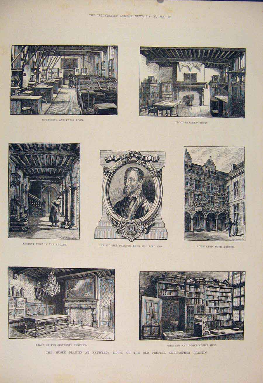 Original Old Antique Print Museum Er Plantin Antwerp 1885 19th Century