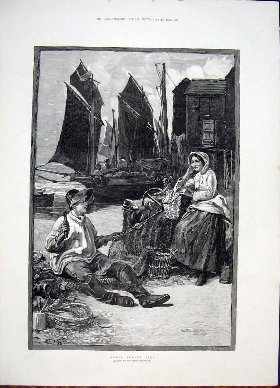 Original Old Antique Print Knowles Summer Time Fisherman Docks Fine Art 1885