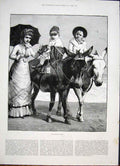 Original Old Antique Print Morning Ride Donkey Beach Children Fine Art 1885 19th