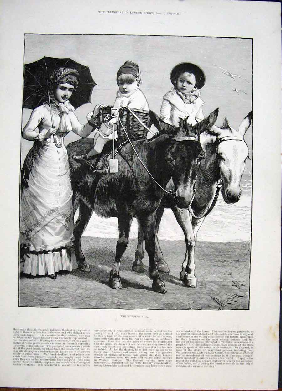Original Old Antique Print Morning Ride Donkey Beach Children Fine Art 1885 19th