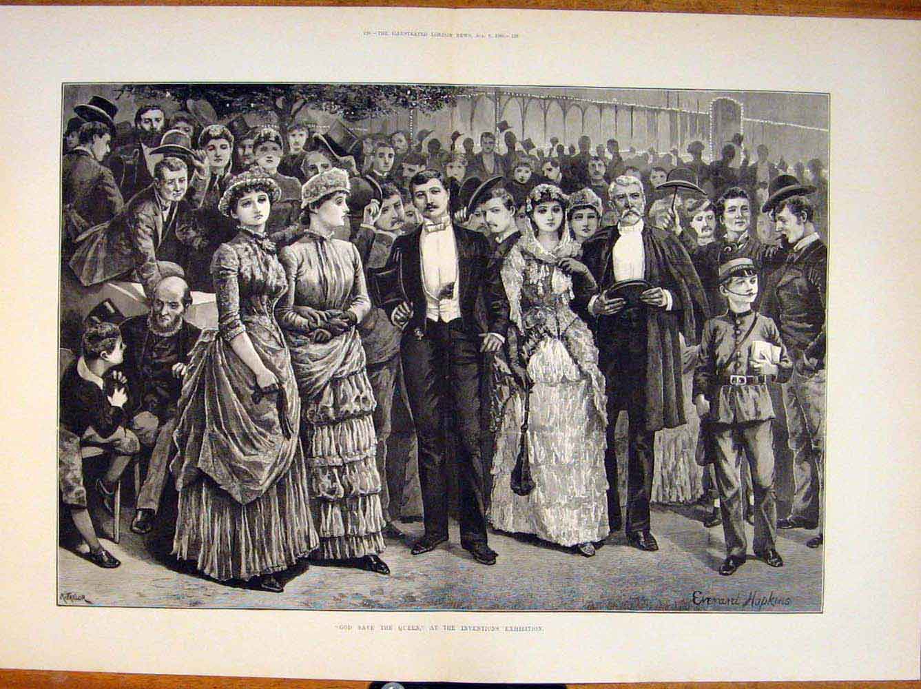 Original Old Antique Print God Save Queen Inventions Exhibition London 1885