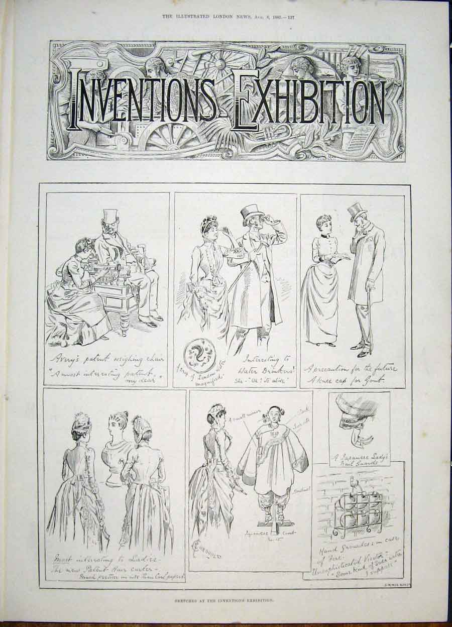 Original Old Antique Print Inventions Exhibition Invention London 1885 Victorian