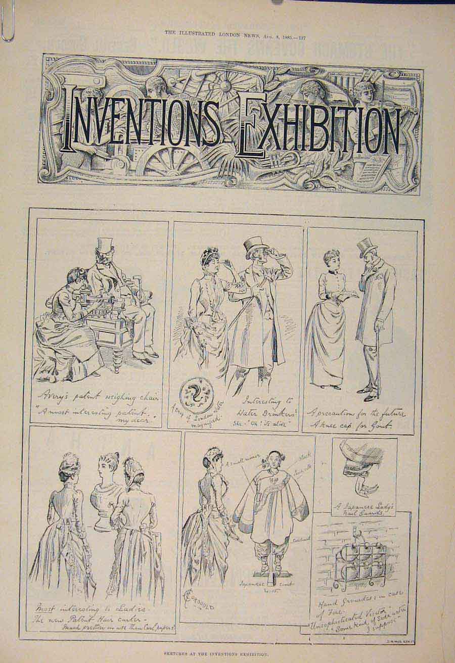 Original Old Antique Print Inventiona Exhibition Sketches Sutton Roberts 1885