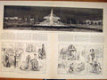 Original Old Antique Print Gardens Fountain Electric Light Inventions Building