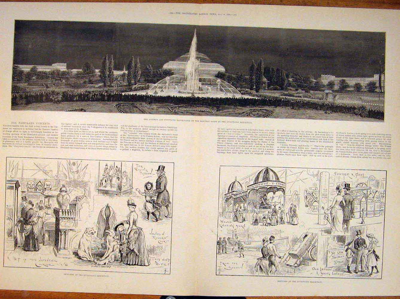 Original Old Antique Print Gardens Fountain Electric Light Inventions Building