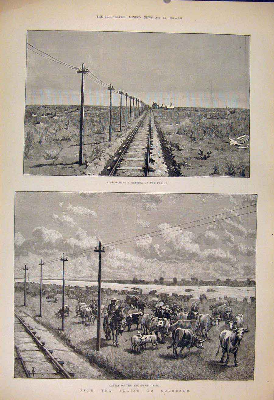 Original Old Antique Print Station Plains Colorado America Usa Arkansas River