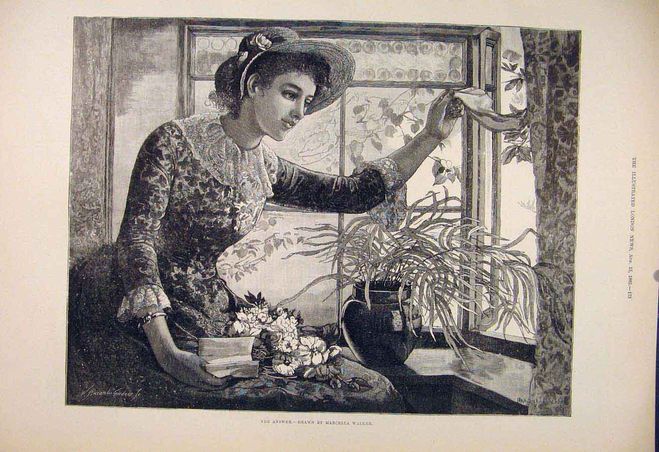 Original Old Antique Print Answer Marcella Walker Letter Lady Window 1885 19th