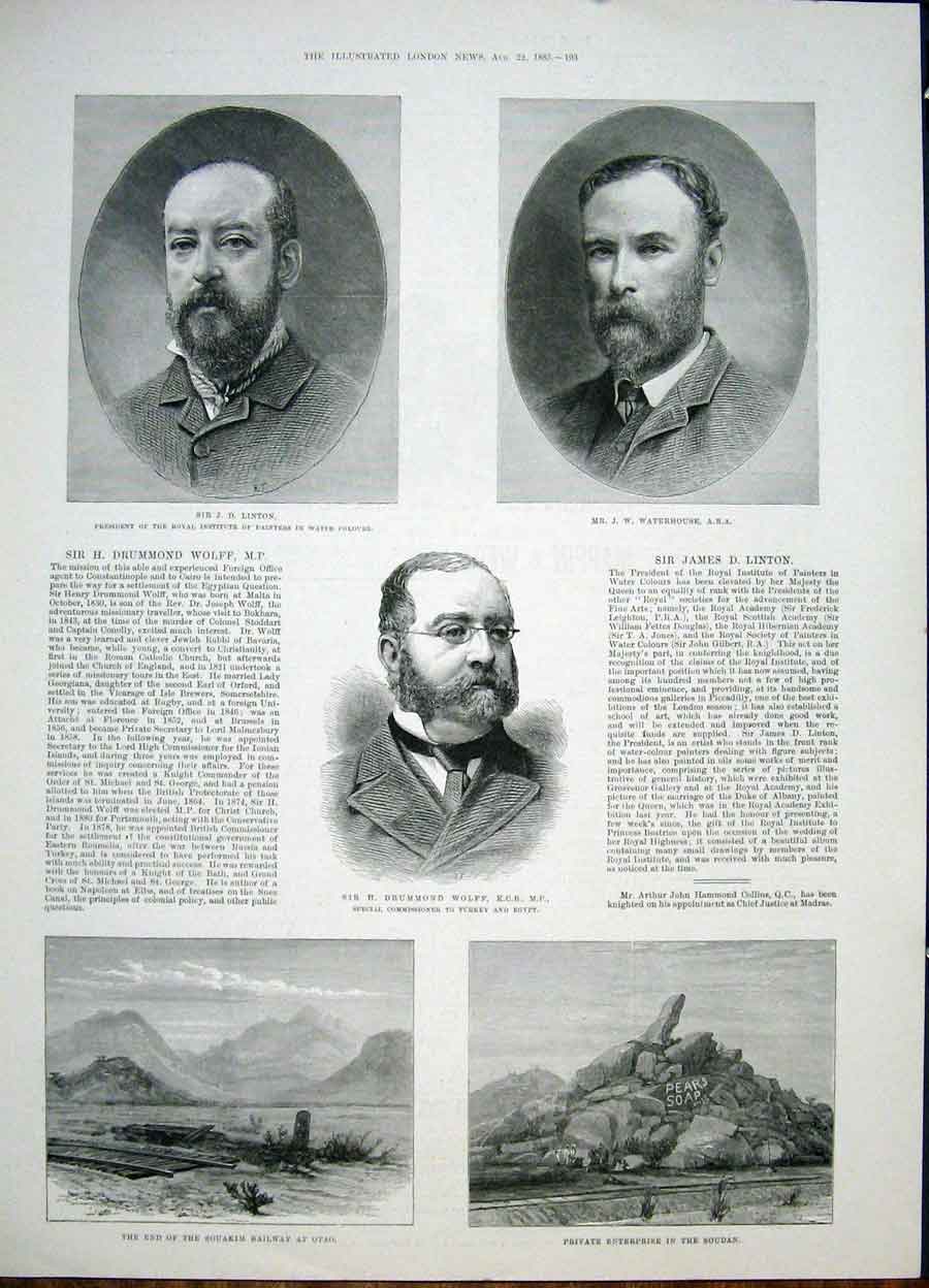 Original Old Antique Print Portait Linton Waterhouse Wolff Railway Otao Soudan