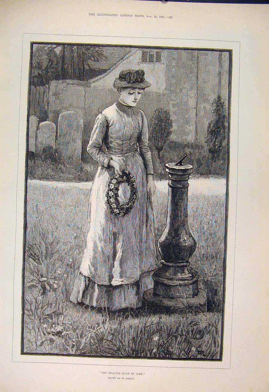 Original Old Antique Print Healing Hand Time Rainey Lady Wreath Fine Art 1885