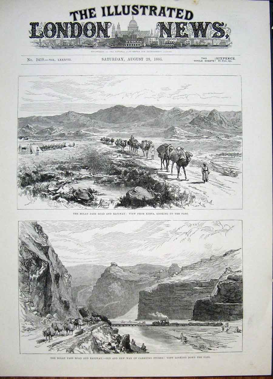 Original Old Antique Print Bolan Pass Railway Kirta Road 1885 19th