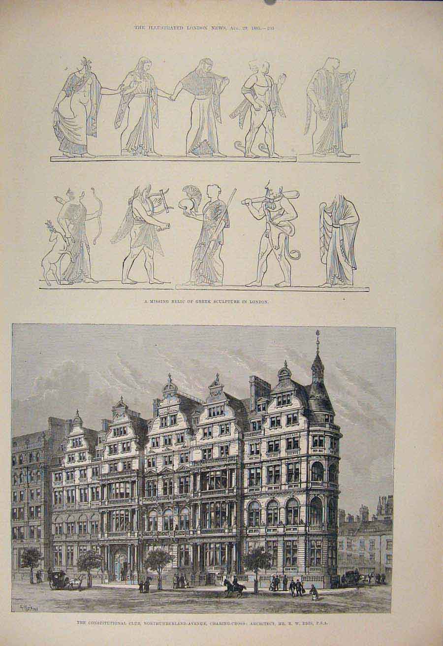 Original Old Antique Print Greek Sculpture London Charing Edis Northumberland