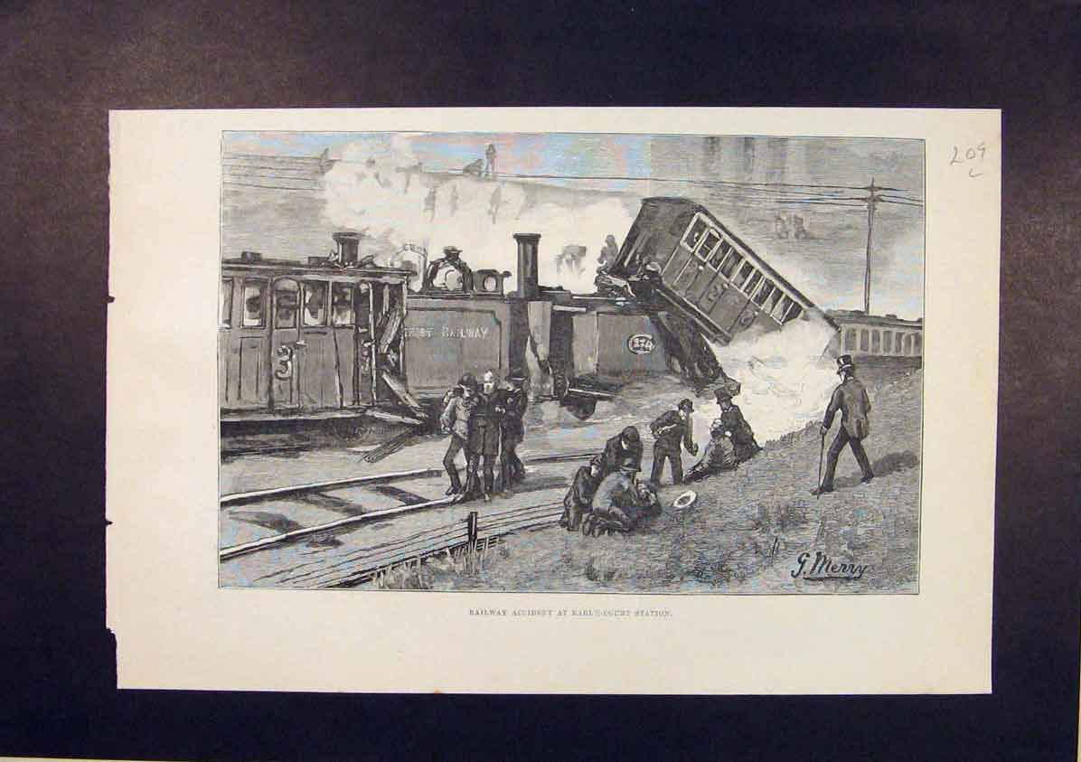 Original Old Antique Print Railway Accident Earl'S Court Station London 1885