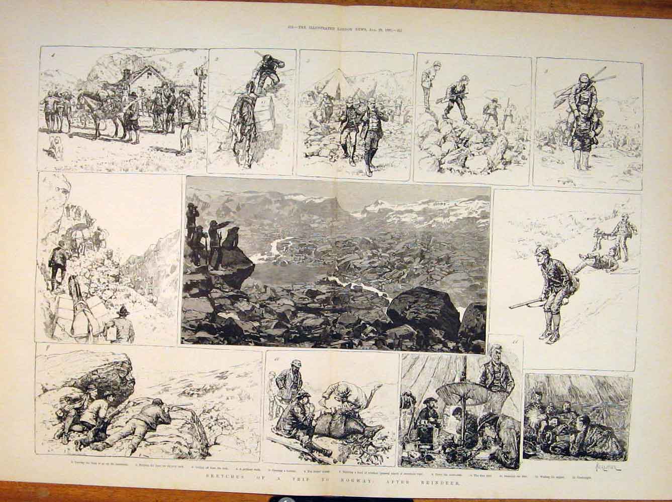 Original Old Antique Print Norway Reindeer Hunt Hunting Shooting Norwegian 1885