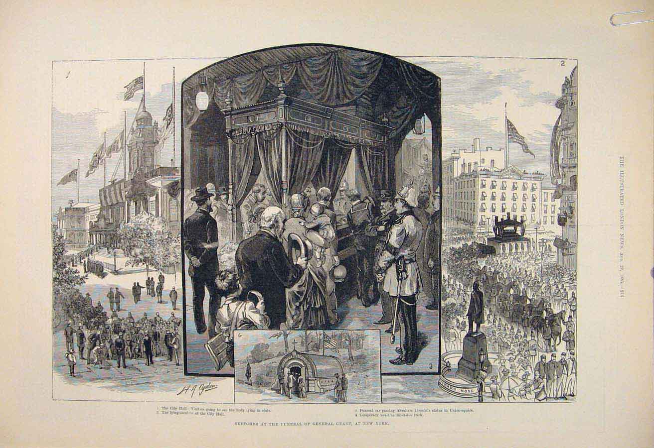 Original Old Antique Print Grant Funeral New York America Lincoln Statue 1885