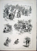 Original Old Antique Print Country Race Children Sketch 1885 19th