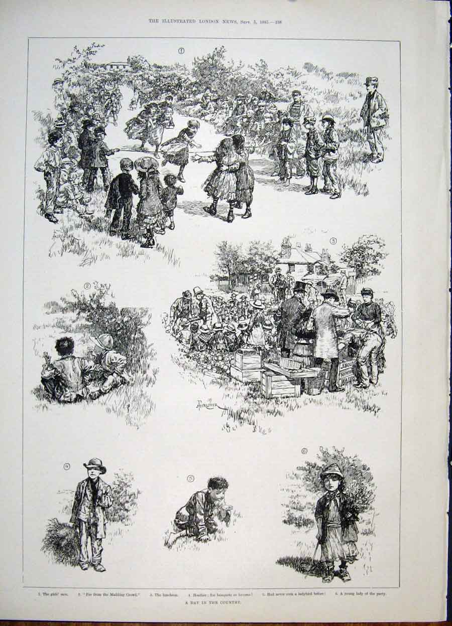 Original Old Antique Print Country Race Children Sketch 1885 19th