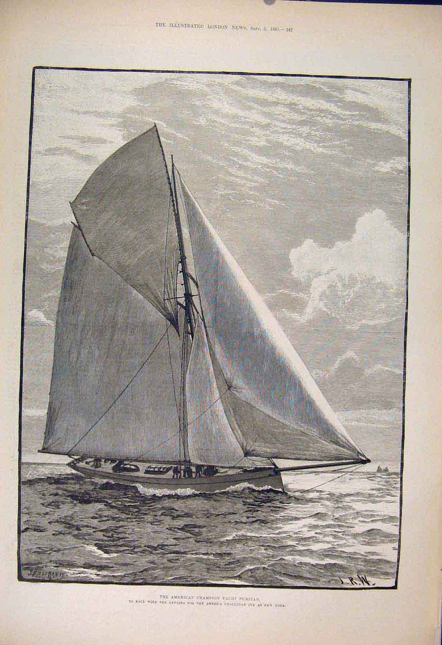 Original Old Antique Print Yacht Puritan American America 1885 19th