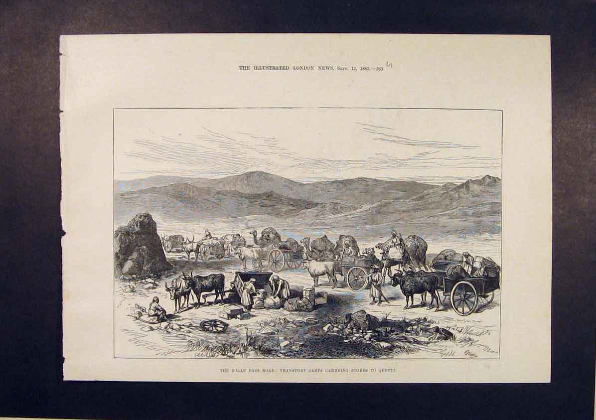 Original Old Antique Print Bolan Pass Road Quetta Transport Stores 1885 19th